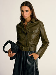 Belted PU Leather Cargo Shirt Jacket