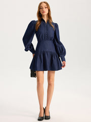 Denim Stand Collar Puff Sleeve Mini Dress