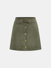 High-Waist Button Front Suede Effect Mini Skirt
