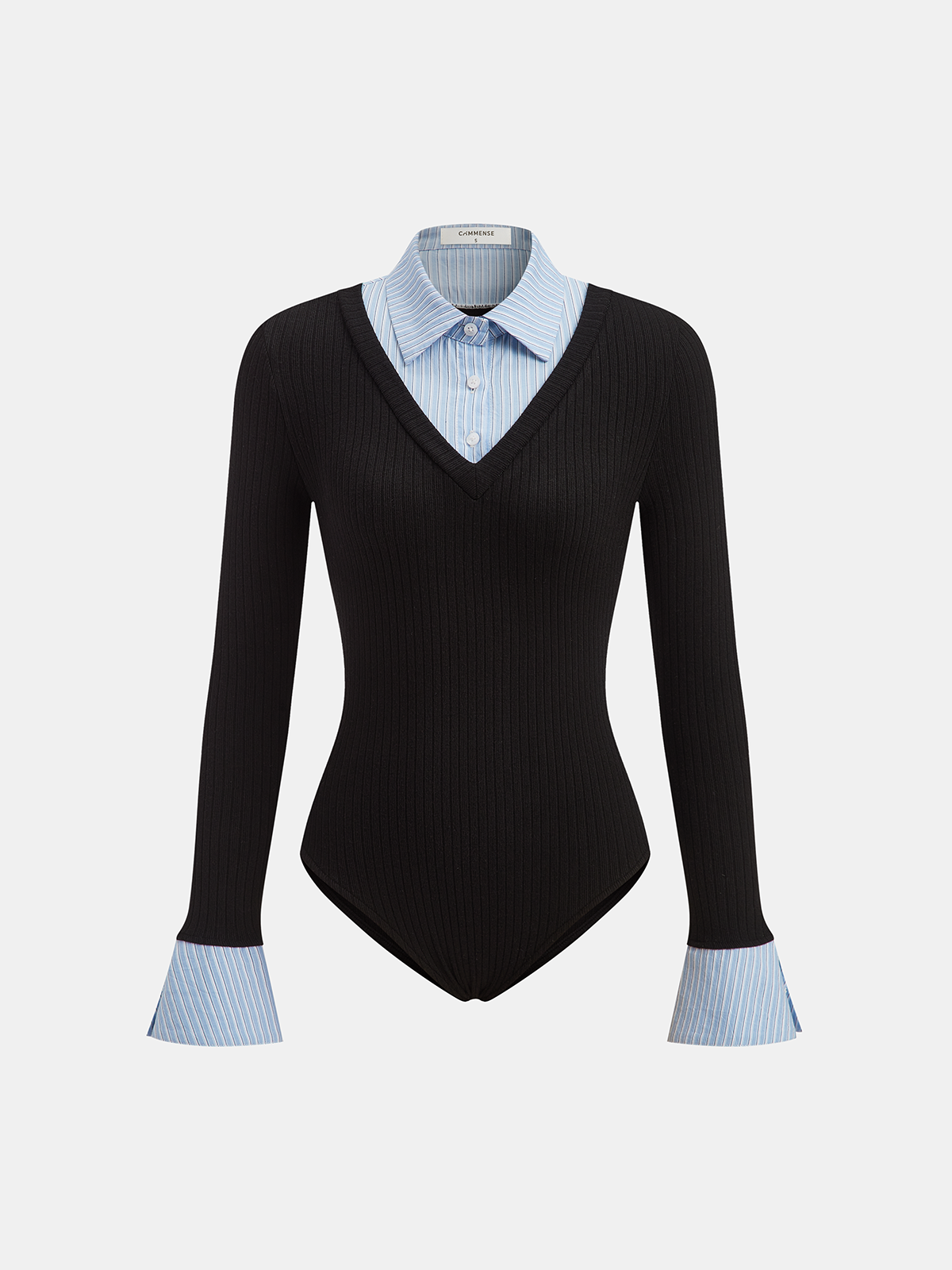 2 in 1 Striped Shirt Panel Ribbed Bodysuit