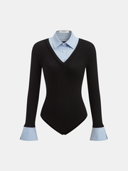 2 in 1 Striped Shirt Panel Ribbed Bodysuit