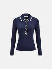Contrast Trim Ribbed Knit Polo Top