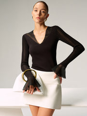 Sheer Paneled Bell Sleeve Knit Top