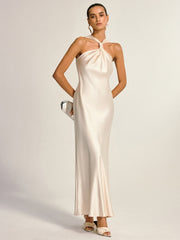 Satin Halter Neck Slit Back Maxi Dress