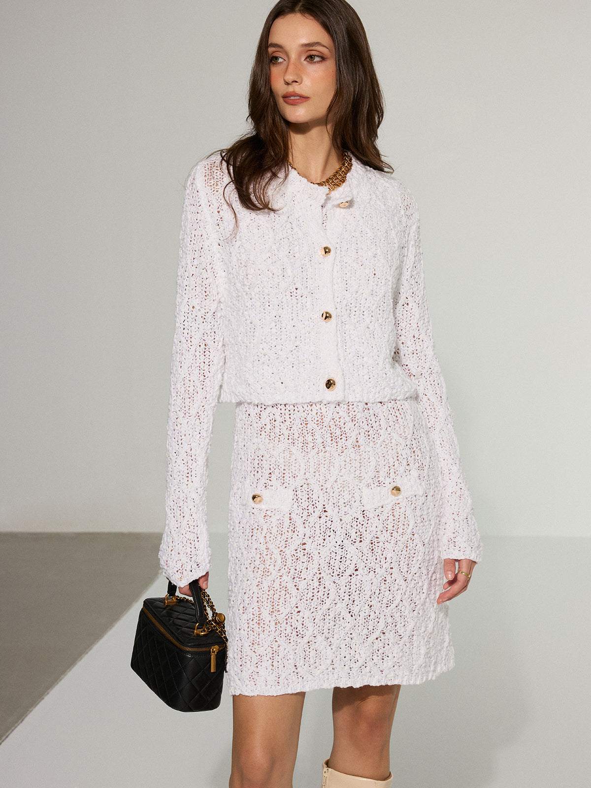 Textured Knit Cardigan and Dress Two-Piece Set