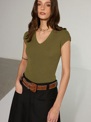 V-Neck Cap-Sleeve Knit Top