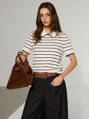 Contrast Wave Trim Striped Polo Knit Top