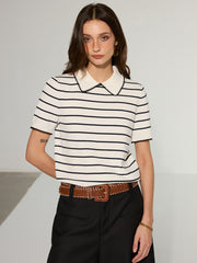 Contrast Wave Trim Striped Polo Knit Top