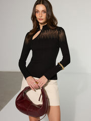 Mandarin Collar Sheer Panel Ribbed Knit Top