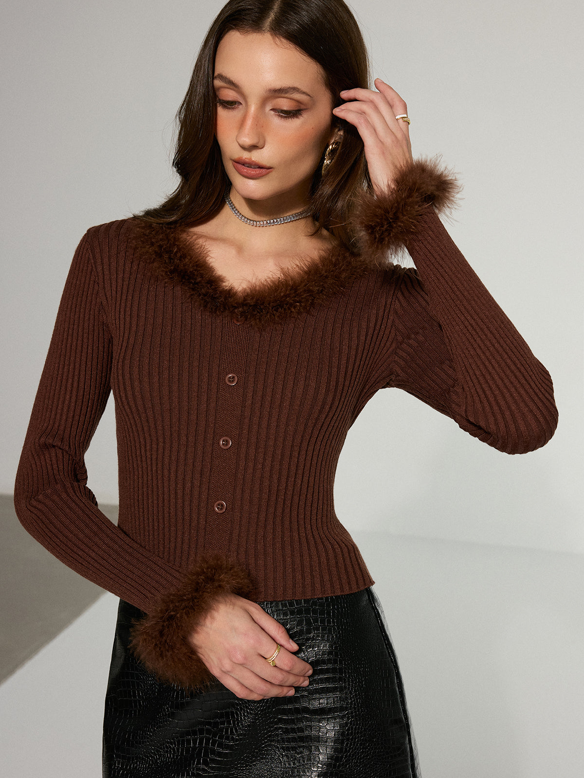 Faux Fur Trim Ribbed Knit Top