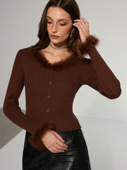 Faux Fur Trim Ribbed Knit Top