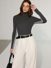 Color-Block Turtleneck Wool Blend Knit Top