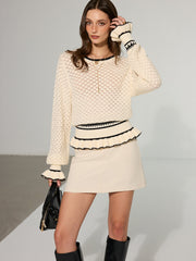 Textured Contrast Ruffled Hem Open-Knit Sweater