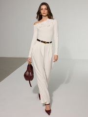 Off-Shoulder 3D Floral Embellished T-Shirt