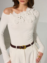 Off-Shoulder 3D Floral Embellished T-Shirt