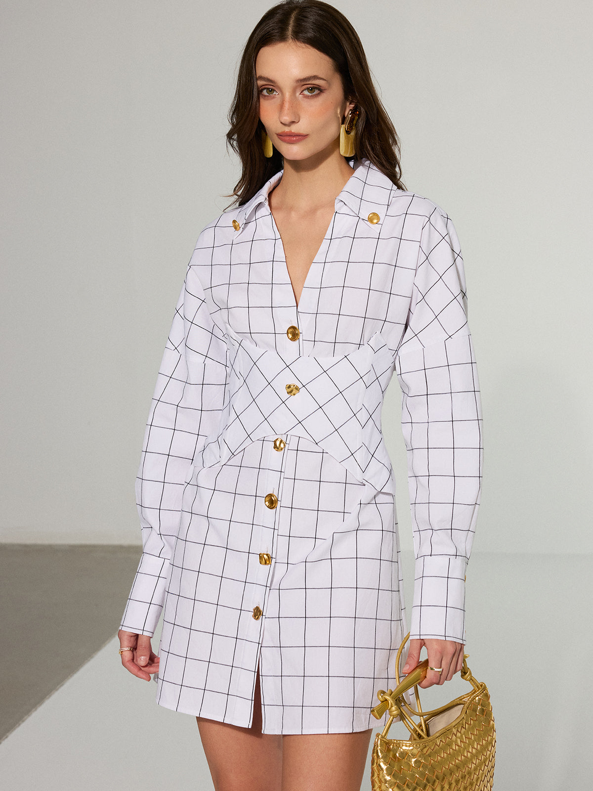 Metal Button Checked Cotton Shirt Dress