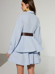 Belted Zip-Front Cotton Tiered Shirt Dress