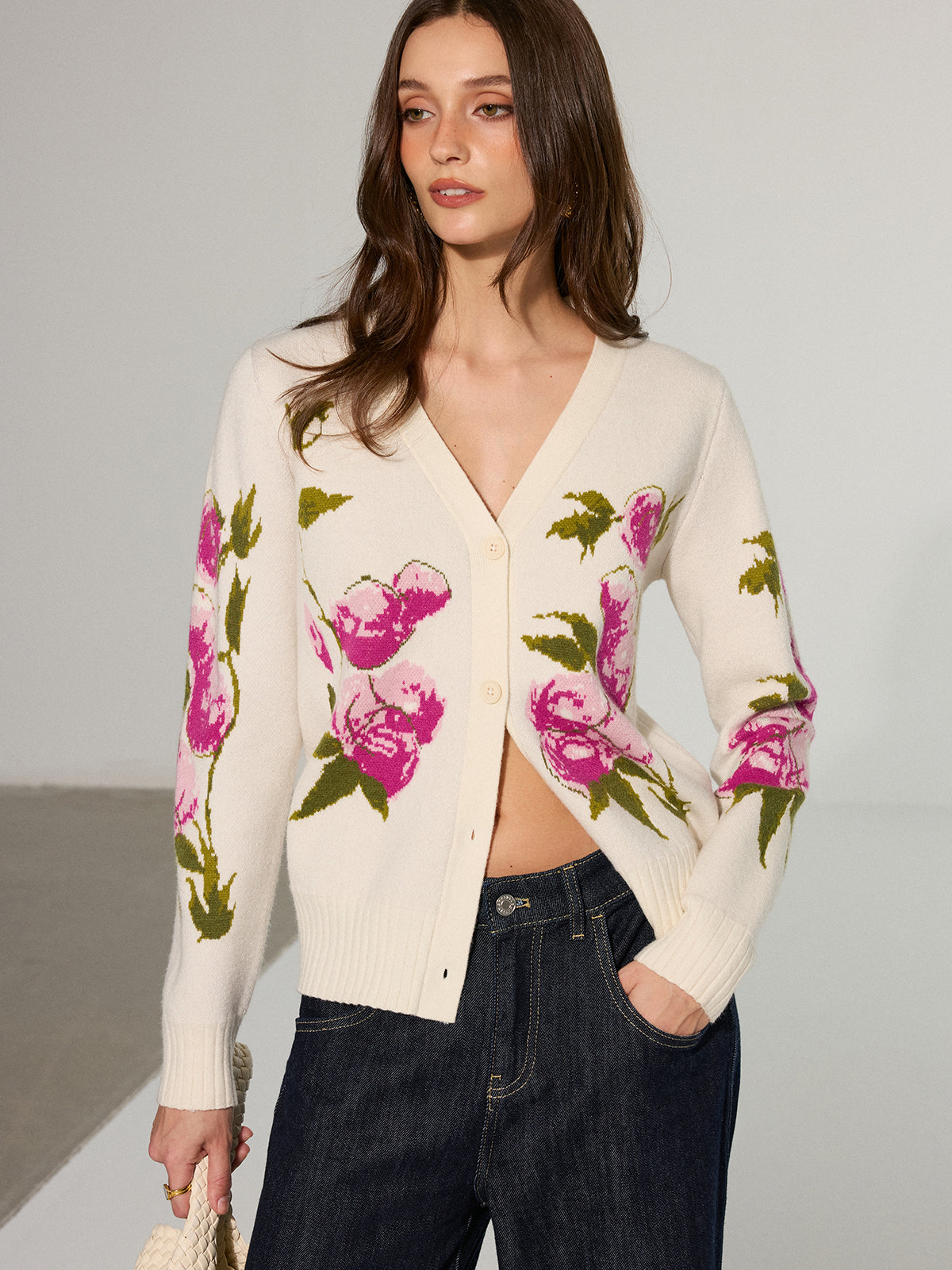 Floral V-Neck Button-Front Cardigan