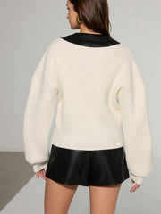 Leather Patchwork Button Down Cardigan