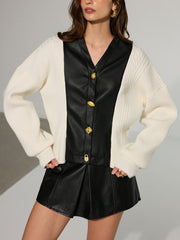 Leather Patchwork Button Down Cardigan