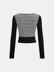 Houndstooth Paneled Cropped Knit Blouse
