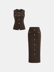 Wool Blend Metal Button Vest and Skirt Set