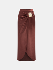 Metal Detail Satin Slit Midi Skirt