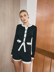 Contrast Trim Knit Cardigan and Shorts Set