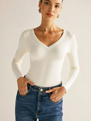 Cotton Blend Ribbed V-Neck Long Sleeve T-Shirt