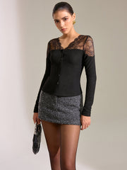 Lace Panel Ribbed Knit T-Shirt