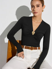 Metal Detail V-Neck Long Sleeve Blouse