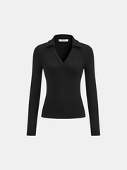 Polo V-Neck Ribbed Cotton Blend T-Shirt