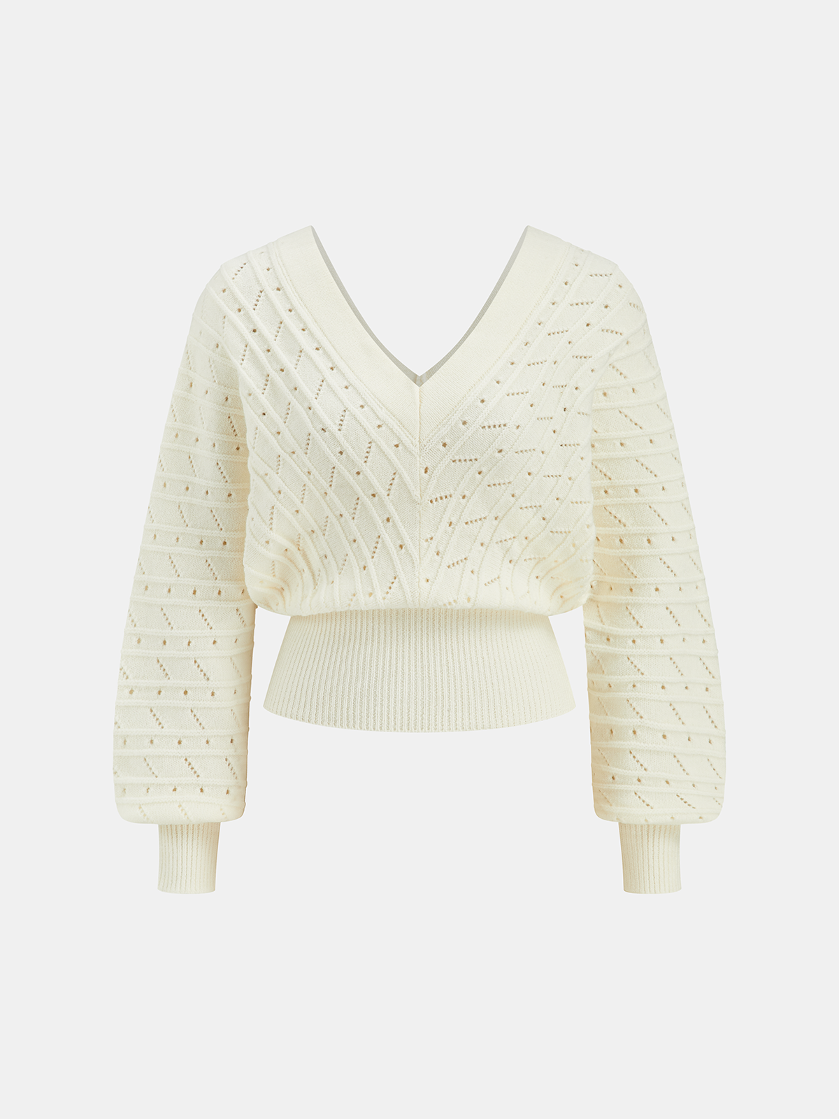 Textured Openwork V-Neck Lantern Sleeve Sweater