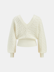 Textured Openwork V-Neck Lantern Sleeve Sweater