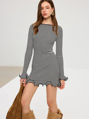 Long Sleeve Striped Ruffle Hem Mini Dress