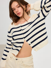 Striped Square Neck Lantern Sleeve Knit Cardigan