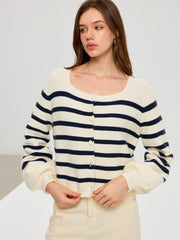 Striped Square Neck Lantern Sleeve Knit Cardigan