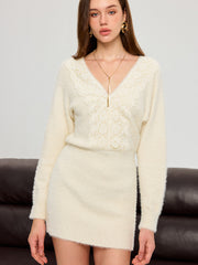 Lace Detail V-Neck Fuzzy Knit Mini Dress