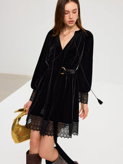 Velvet Belted Lace Trim Mini Dress