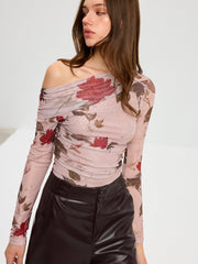 Floral Print Off-Shoulder Mesh T-Shirt