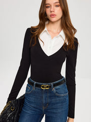 High-Stretch Contrast Shirt Collar Knit Bodysuit