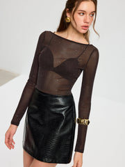 Sheer Mesh Glitter Long Sleeve T-Shirt