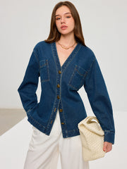 Denim V-Neck Button-Front Jacket