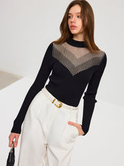 Striped Mesh Panel Ribbed Knit Top