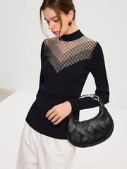 Striped Mesh Panel Ribbed Knit Top