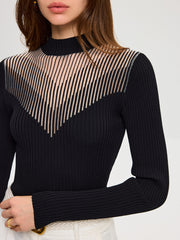 Striped Mesh Panel Ribbed Knit Top