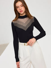Striped Mesh Panel Ribbed Knit Top