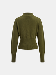 Ribbed Wool Blend Polo Knit Top