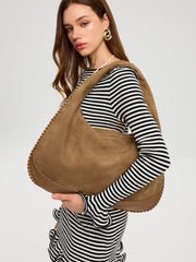 Braided Trim Suede Hobo Bag