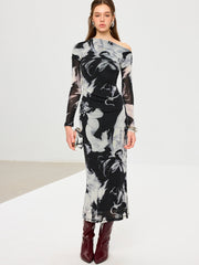 Abstract Print Mesh One-Shoulder Maxi Dress